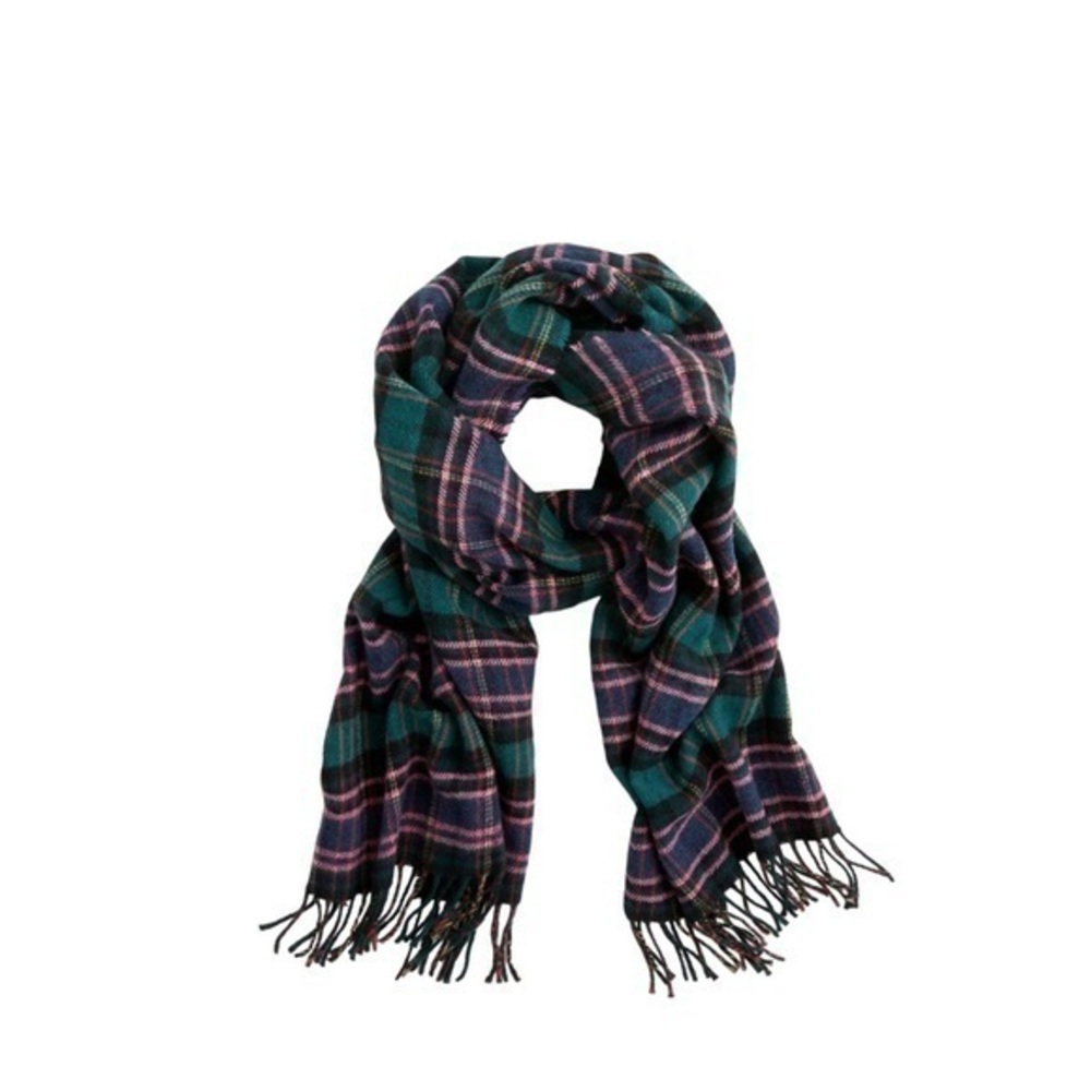 J. Crew Wool Blend Green Pink‎ Tartan Plaid Oversized Fringe Scarf